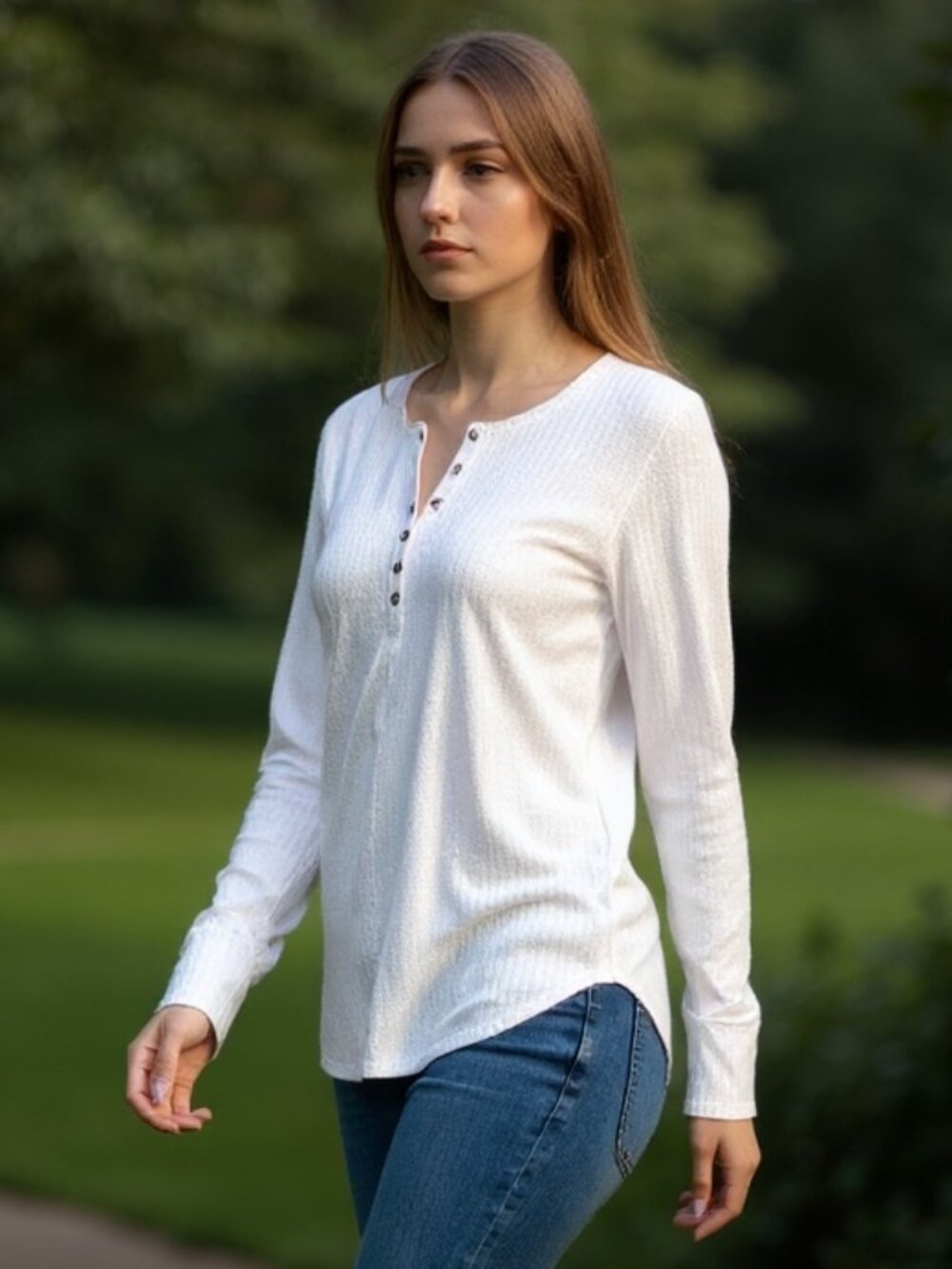 Chaser Waffle-Knit/Thermal Relaxed Henley Top Sz L Light Beige #270H‎